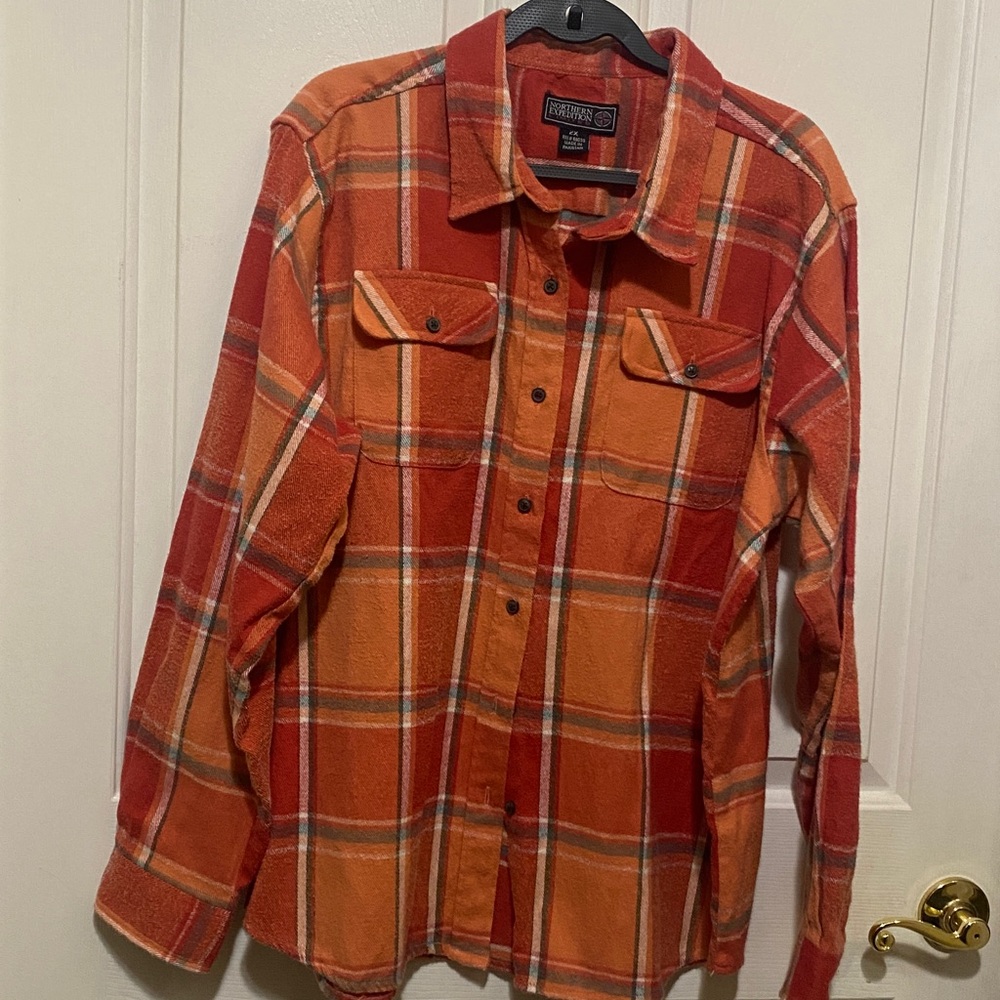 Northern Expedition Limited Men's Plaid Button Down Shirt - Orange and gray